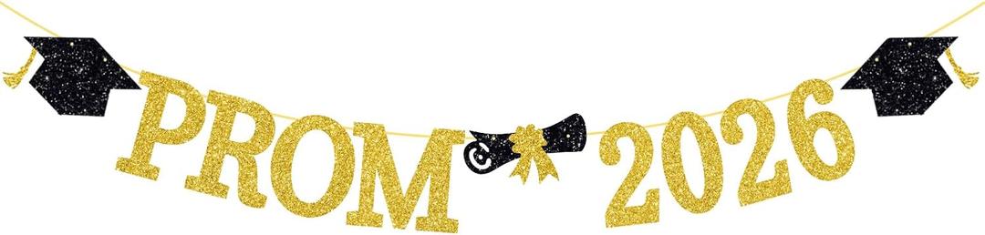 2 x Prom 2026 Banner, Prom Decorations 2026, Class of 2026 Graduation Party Supplies, Black Gold Glitter Proms Night Banner for High School Dance Photo Booth Wall Decor