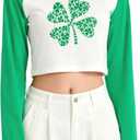Women's St. Patrick's Day Shirt Irish Crop Top Lucky Shirt Shamrock Graphic Long Sleeve Crop Tops (White, S)