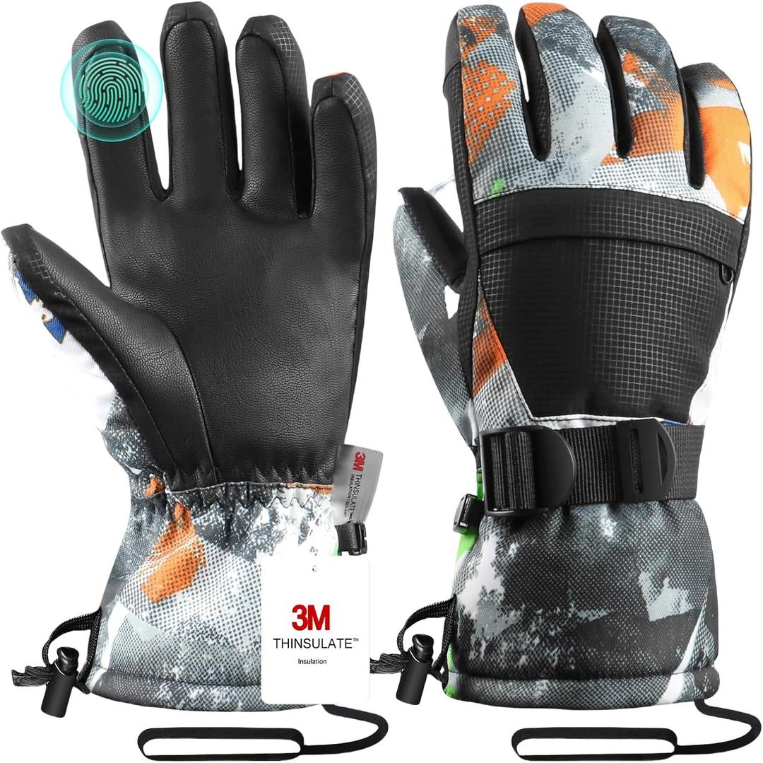 Ski Gloves, Winter Snow Waterproof Gloves Touchscreen Skiing & Snowboarding Cold Weather Glovess, Fits Both Men & Women, for Parent Child Kids with Wrist Strap (Black+Orange)