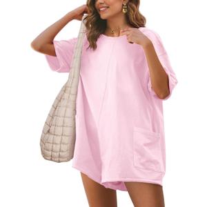 Glamaker Women's Summer Oversized Tee Romper Casual Workout Athletic Romper Onesie Backless Loose Shorts Jumpsuit Overalls (Medium, 1#light Pink)