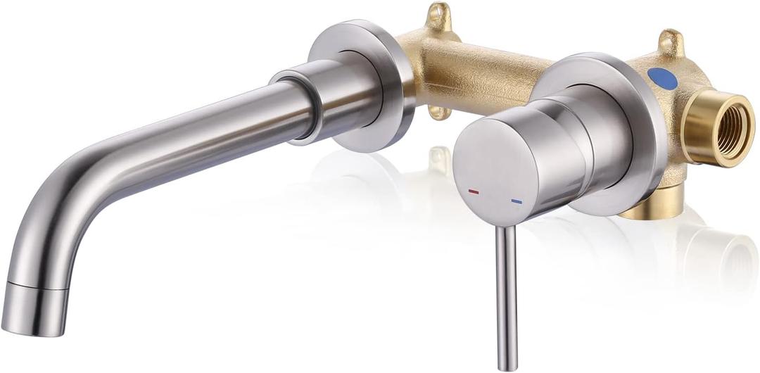 ARCORA Wall Mount Bathroom Faucet, Brushed Nickel Single Handle Vanity Faucet with Swivel Spout and Rough-in Valve
