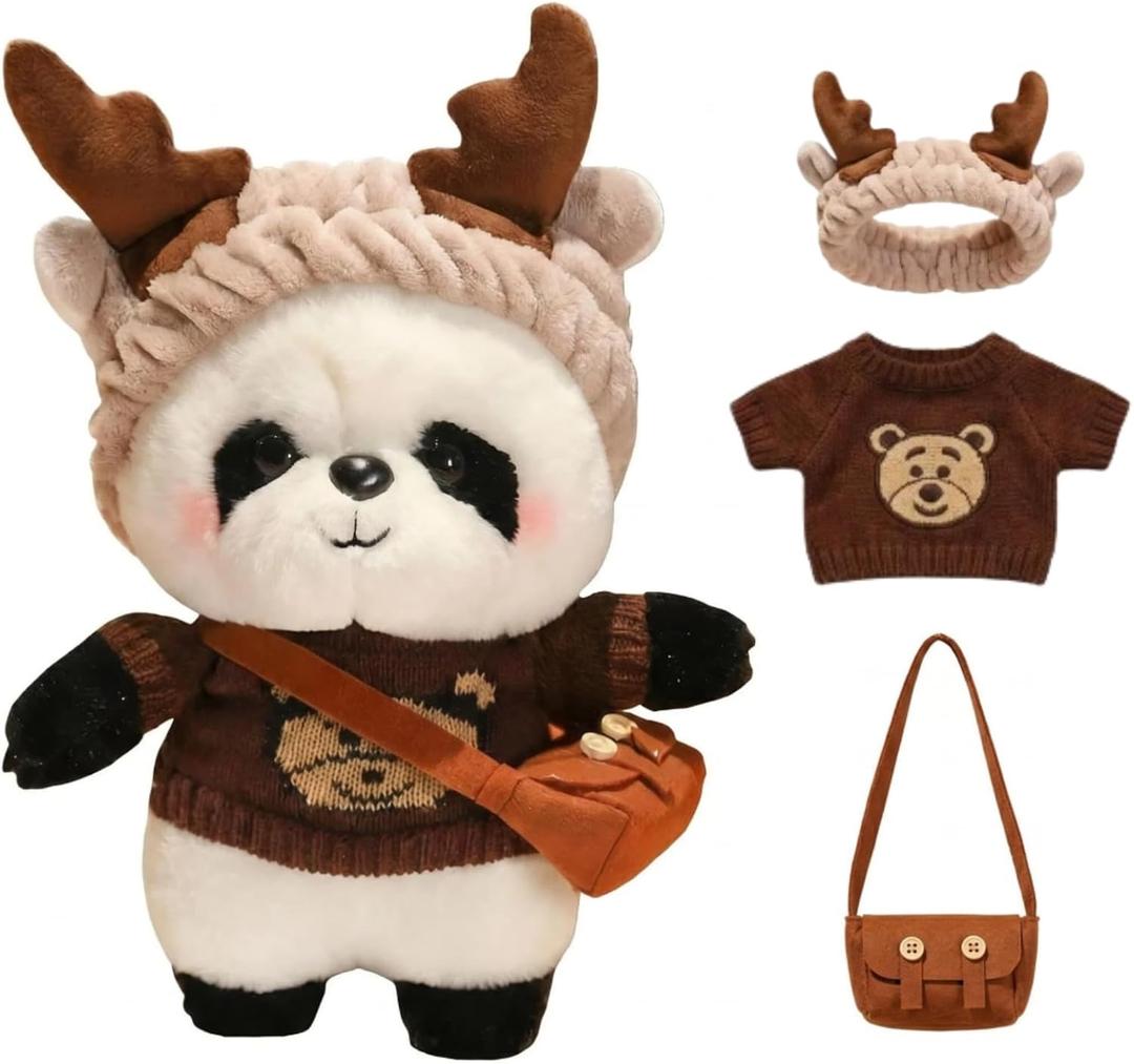 Dress Up Panda Plush with Clothes & Accessories, Kraft Paper Gift Box Packaging, Soft Panda Stuffed Animal Playset, Gift for Kids Toddlers, Pretend Play Fashion Plushie, 11 Inch(Brown)