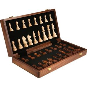 15" Folding Walnut Chess Set with Storage - Tournament-Size Portable Chess Board for Adults, Travel, Family Game Night, Gifts