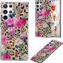 for Samsung Galaxy S25 Ultra Case for Girl Women, Full Protective Shockproof Slim Soft TPU Clear Phone Cover for S25 Ultra,Glitter Sparkle Shiny Pearl Luster Leopard Print Pink Flower Floral