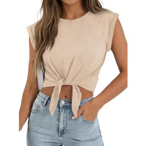 SOFIA'S CHOICE Women Summer Tie Front Crop Tops Crewneck Cap Sleeve Ruched T-Shirt Tops Apricot X-Large
