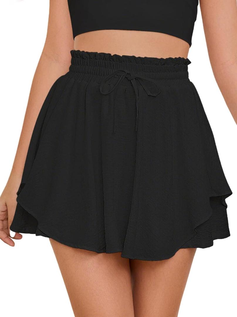 Bsubseach Womens Flowy Skirt with Shorts Ruffle Skorts Elastic Skirts Beach Shorts for Summer (X-Large, Black)