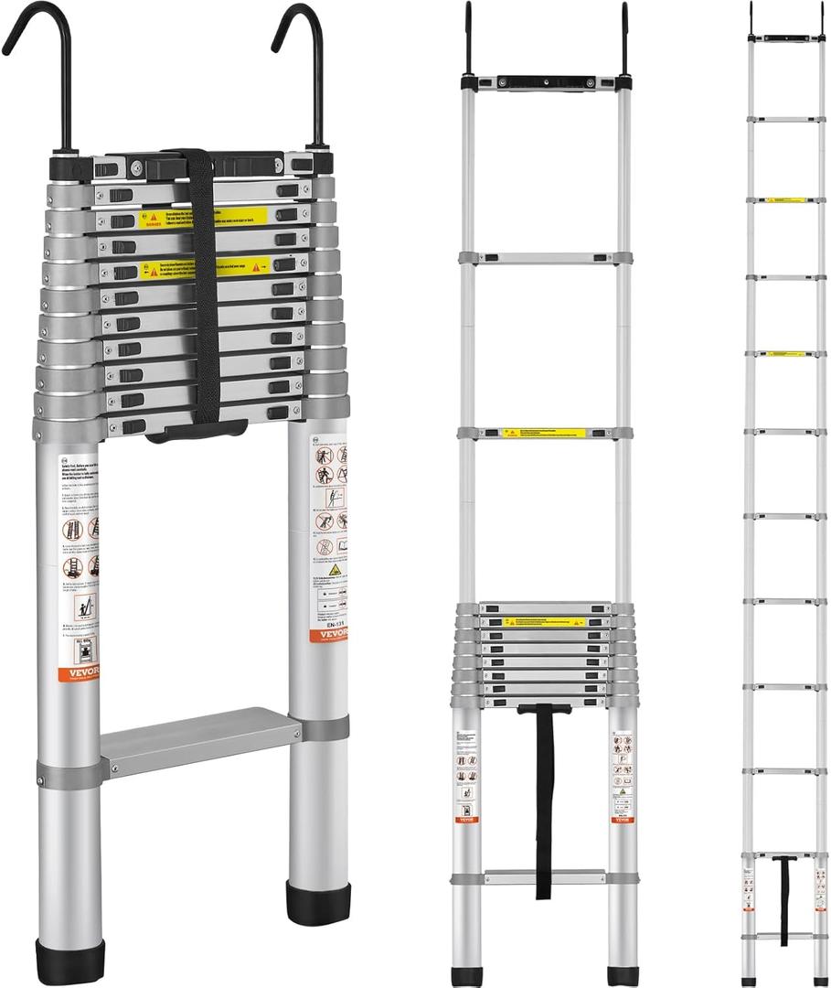 VEVOR Telescoping Ladder, 15 FT Aluminum Collapsible Extension Ladder, 400 LBS Capacity with Non-Slip Feet, Portable Multi-Purpose Compact Ladder for Home, RV, Loft, ANSI Liste (15 feet)