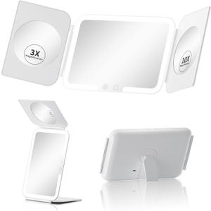 Trifold Travel Lighted Makeup Mirror, 5000mAh Rechargeable Light Up Magnifying Mirrors 1X/3X/10X, 3 Color Lighting&Stepless Dimming, Ultra Bright and Multi-Angle Adjustment (6.9"L x 10.4"W)