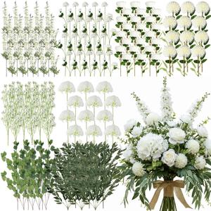Suncalla 144 Pcs White Artificial Flower Bouquet Set 8 Kind with Long Stem