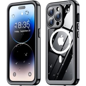 SPIDERCASE Magnetic for iPhone 14 Pro Case Waterproof,Built-in Screen & Camera Lens Protector[IP68 Underwater] [Military Grade Shockproof] Full Body Protection Phone Case,Black/Clear