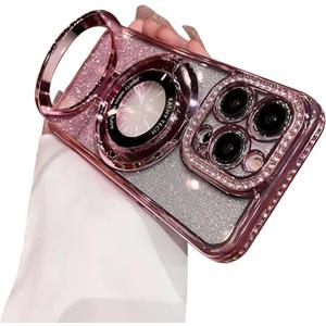 Fycyko Magnetic Case for iPhone 14 Pro Max with Holder Stand,Rhinestone Glitter Plated Bling Luxury Phone CaseCompatible with MagSafe Shockproof Kickstand Design for iPhone 14 Pro Max-Pink