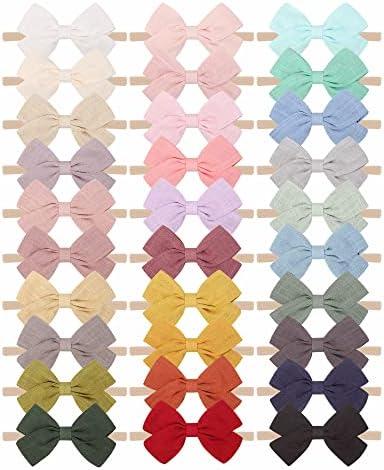 jollybows 30pcs Baby Girls Nylon Hair Bows Headbands Linen Bands Elastic Accessories for Kids Infants Newborn (3-30 PCS Solid Linen)