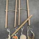 Wooden Play Gym with Beige Mat, Foldable Baby Play Gym, Infant Activity Mat with 6 Hanging Toys, Natural Pine Wood Frame Activity Center, Easy to Assemble & Clean, Newborn Present for Boys & Girls.