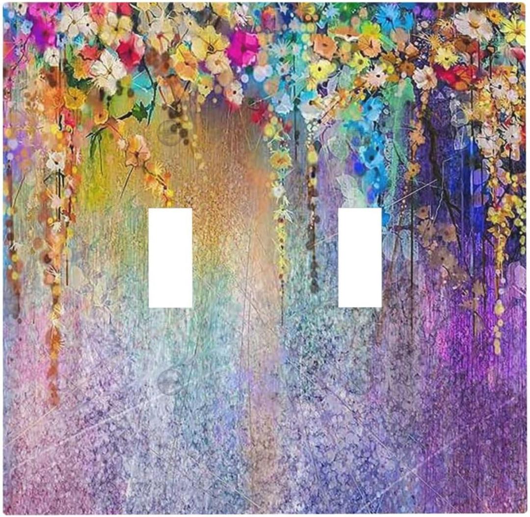 Decorative 2 Gang Double Toggle Light Switch Wall Plate Cover Summer Purple Colorful Country Spring Flower Wildflower Floral Mid Size Four Device Electrical Outlet Cover Receptacle Plug Face Plate