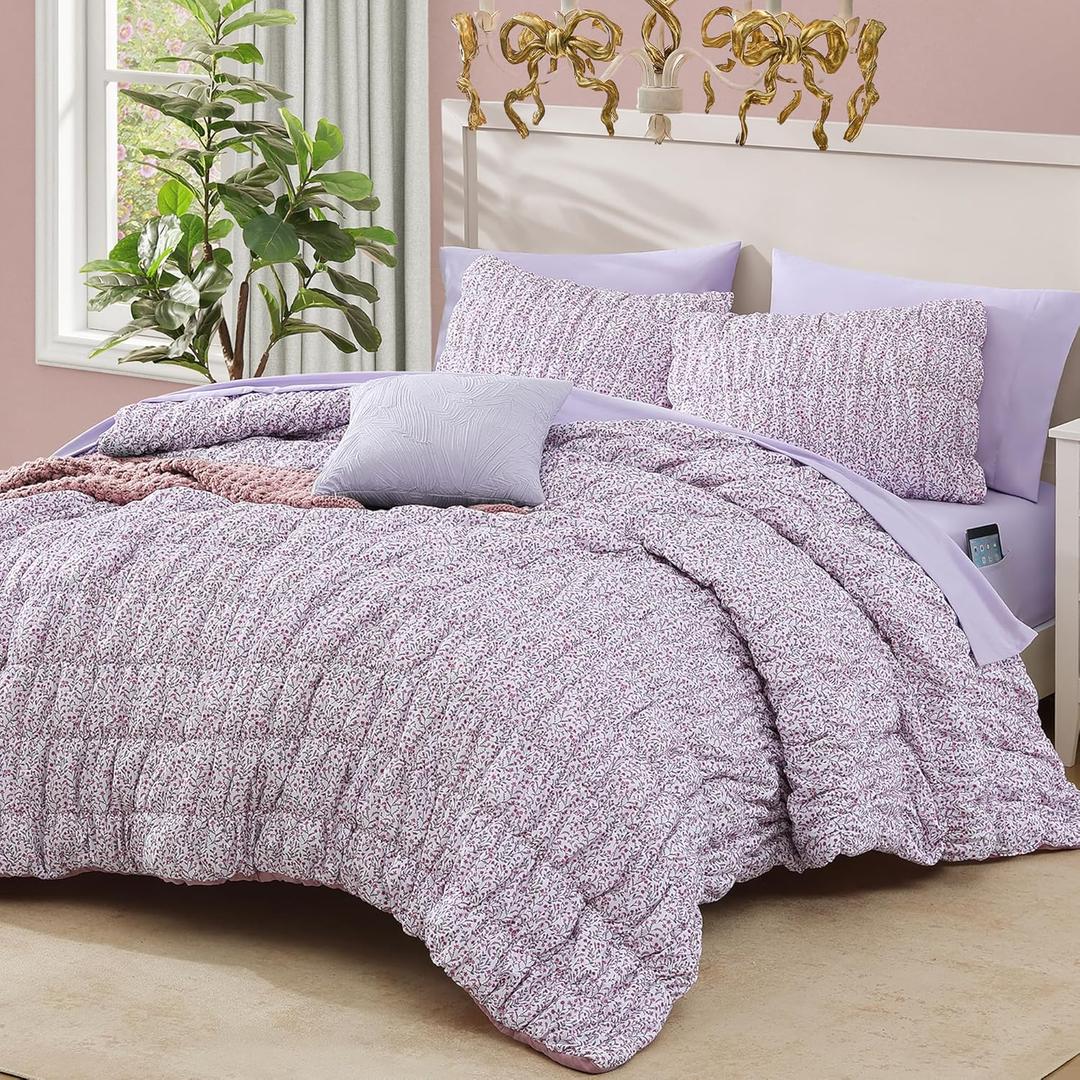 Full Size Comforter Sets - 7 Pieces Puff Light Purple Floral Bedding Set for All Seasons, Shabby Chic Farmhouse Bed in a Bag Full with Floral Comforter, Sheets, Pillowcases & Shams