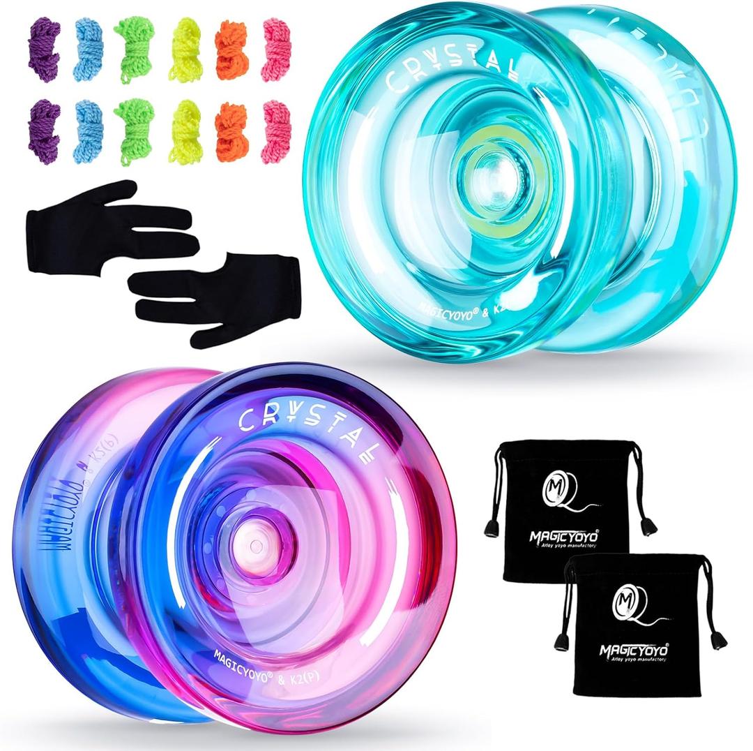 MAGICYOYO K2 Responsive Yoyo for Kids Beginners Yo-Yo with 2 Yo Yo Gloves, 2 Yo-Yo Bags, 12 Yo yo Strings (Crystal Green+Crystal Purple Pink)