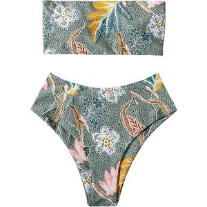 OMKAGI Women Bandeau Swimsuit Plant Floral Cheeky High Cut Thong Bikini Set(L, Green Floral-4405)