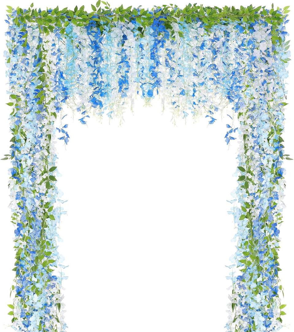 8pcs Wisteria Artificial Flowers Garland, 7.2Ft/Piece Wisteria Hanging Flowers Garland for Wedding Arch Decoration Outdoor Ceremony Home Backdrop Garden (Light Blue,Dark Blue,White)