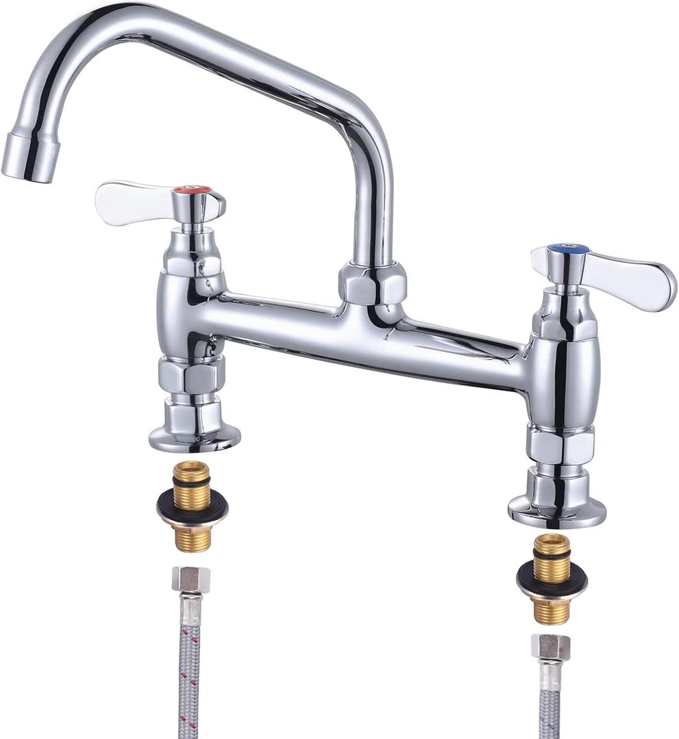 Commercial Sink Faucet with 8 Swivel Spout & Supply Lines, 8" Center Deck Mount Kitchen Faucet, Dual Handles Brass Utility Sink Faucet for Laundry Room Restaurant Compartment Sink, Polish