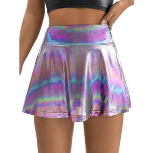 Verdusa Women's Sequin Skirt Metallic High Waist Workout Skorts with Pocket (Medium, Purple)