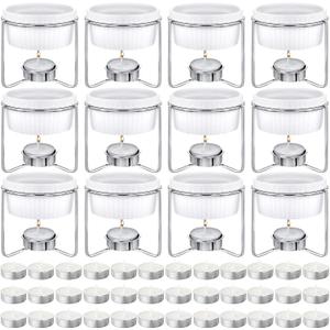 60 Pcs Ceramic Butter Warmers Set, Include 12 Butter Warmers for Seafood Melter with Stands, 48 Tea Light Candles Food Warmer Candle for Fondue Chocolate Dishwasher Microwave Oven Safe