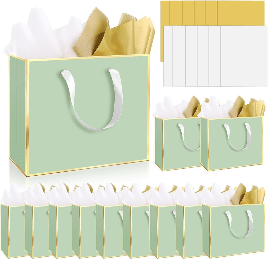 Epoesch 12 Pack Sage Green Gift Bags with Handles – Includes 24 Tissue Paper – 11.8"x10"x4" – Elegant 5 Senses Gift Bags for Wedding, Bridesmaids, Groomsmen, Guests, Easter, Mother's Day, Holiday (Sage Green)