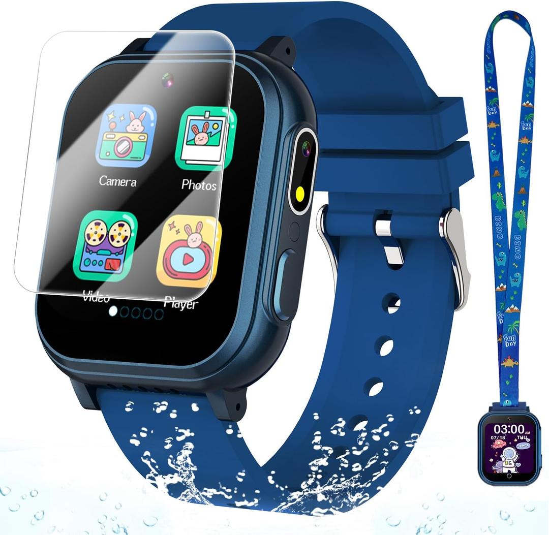 Waterproof Smart Watch for Kids Toys for Boys Age 5-12 with 32 Games, Dual Camera, Habit Tracking, Music Player, Video, Alarm Clock, HD Touchscreen Kids Smart Watch Birthday Gift for 3-12 Year Old, Blue