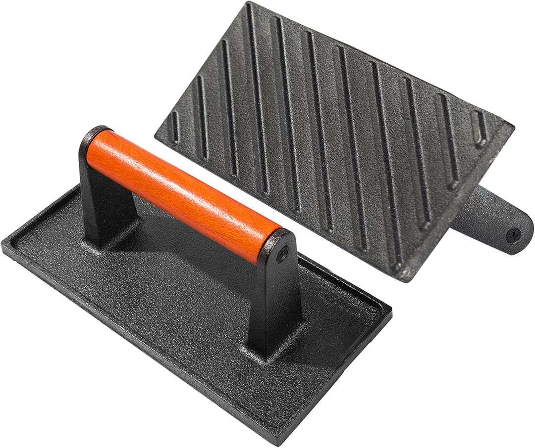 vivicreate Bacon Press, Griddle Press, Grill Press, Meat Press, cast Iron Grill Press, cast Iron Griddle, Iron Press, cast Iron Material with Wooden Handle (rectangle)