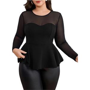 MakeMeChic Women's Plus Size Cocktail Tops Mesh Sheer Peplum Ruffle Hem Leopard Long Sleeve Slim Fitted Elegant Tee Shirt LG