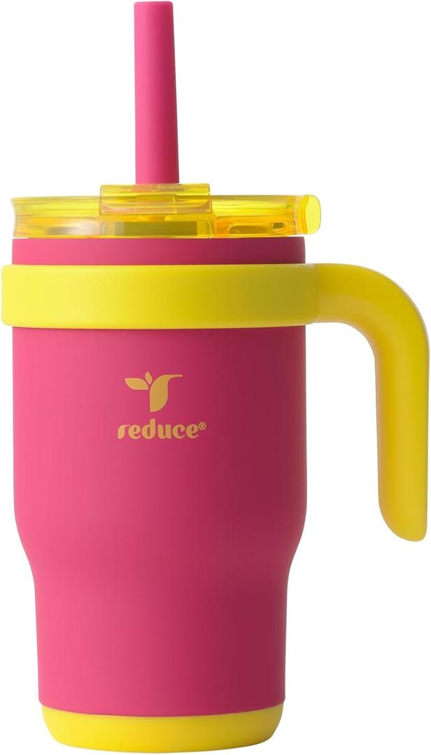 REDUCE 14 Oz Coldee Kids Tumbler with Lid and Straw - Coldee Insulated Travel Mug - Spill-Proof, Sweatproof Stainless Steel, BPA-Free - Includes Handle, Reusable Silicone Straw - Pink Lemonade