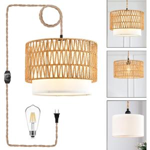 Boho Plug in Pendant Light Rattan Hanging Lights with Plug in Cord,Indoor Hanging Lamp with Dimmer Switch,Wicker Bamboo Woven LampShade Hanging Lamp Plug in for Bedroom Living Room Kitchen Island (12, two layers-shape)