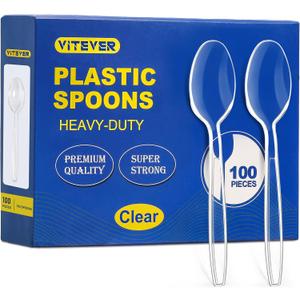 [100 Count] Clear Plastic Spoons Heavy Duty, Premium Disposable Spoons, Durable Plastic Cutlery for for Parties, Picnics, Big Event, Daily Use - Heat Resistant & BPA Free - Clear