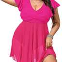 American Trends Plus Size Swimsuit for Women Swim Dress Tummy Control One Piece Bathing Suit V Neck Swimdress Ruffle Swimwear (XX-Large Plus, Hot Pink)
