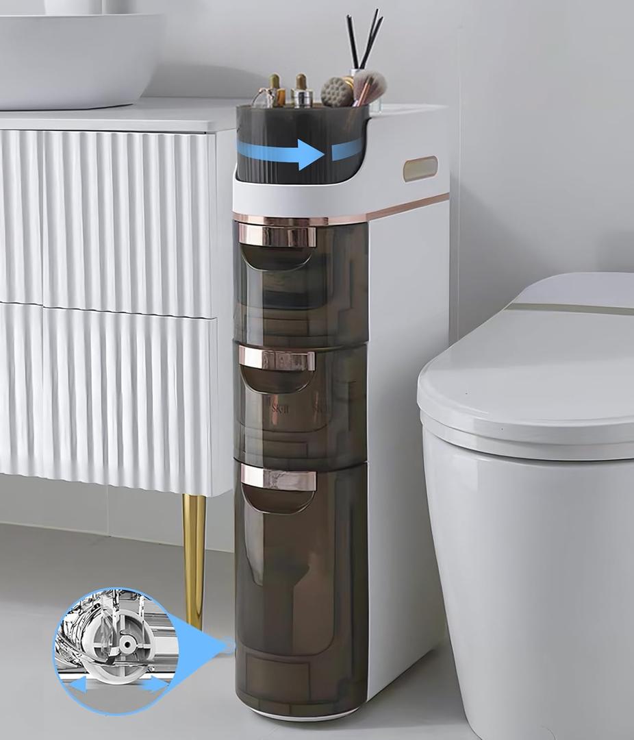 3-Tiers Slim Bathroom Storage Cabinet, Waterproof Narrow Floor Cabinet with Tissue Box and Wheels, Skinny Storage Organizer with Drawers for Small Spaces, Bathroom, Kitchen, Bedroom, 6.7