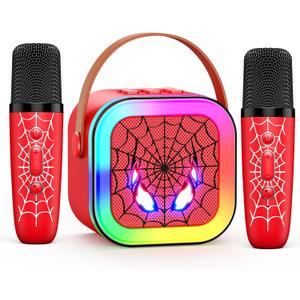 LED Karaoke Machine Toy: Mini Microphone for Kids 4 5 6 7 8 9 10 Year Old Boys Girls Toys Birthday Gifts Portable Bluetooth Speaker with 2 Wireless Mics for Adults Boy Girl Ages 3-12 (Red)