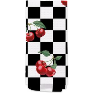 Cherry Hand Towels for Kitchen Bathroom - Retro Black and White Checkered Decorative Dish Tea Towels, Retro Plaid Cherry Kitchen Decor Accessories, Cherries Themed Housewarming Gifts New Home Idea