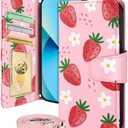Buleens for iPhone 13 ProMax Wallet Case for Women - with Card Holder for iPhone 13 ProMax Flip Case Leather Crossbody Cute Aesthetic i Phone 13ProMax Case with Strap for Girls, WH Flower Strawberry, Pack 2