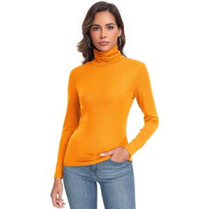 Women's Long Sleeve Casual Lightweight Turtleneck Top Slim Fit Thermal Active Layer Shirts (Orange), Size S