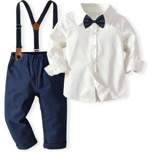 Volunboy Boys Clothes Set Toddler Gentlemen Wedding Suit Long Sleeve Bowtie Formal Dress Shirts Suspenders Pants Outfits (3-4T, Beige)