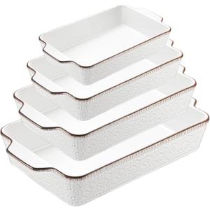 ONEMORE Casserole Dishes for Oven, Ceramic Baking Dish Set of 4, Non-Stick Lasagna Pans with Handles, Rectangular Bakeware Set for Cake, Roasting, Broiling, Gratin, Banquet, Microwave & Dishwasher Safe(3.8/2.6/1.7/1.1 Qt) (White 01)