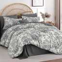 Dinjoy Queen Comforter Set - 5 Pieces Floral Comforter Set Grey, Bed in a Bag Queen with Botanical Print, Winter Soft Comforter Bedding Set with Sheets (Comforter 90"x90")