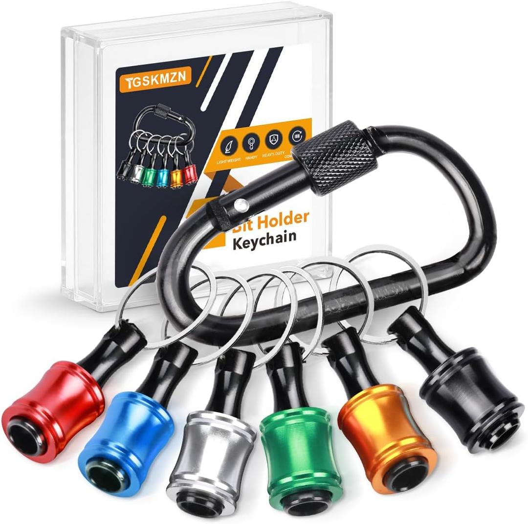 6PCS 1/4 Hex Shank Drill Bit Holders Keychain for Nut & Impact Driver Drill Bits, Push to Unlock Aluminum Alloy Screwdriver Bit Holder Key Chain, Portable Carabiner Bits Holder,Tool Gifts for Men