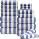 18 Pcs Blue Stripe Bath Towel Set with Hanging Loop-6 Bath Towels,6 Hand Towels,6 Washcloths Soft Family Towels Set Bathroom Towel Highly Absorbent Quick Dry Shower Towel for Beach Chair Spa Gym Hotel