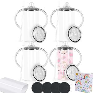 12 Oz Sublimation Sippy Cup 4 Pack, Kids Sublimation Sippy Tumblers, Stainless Steel Todder Water Bottle (White)