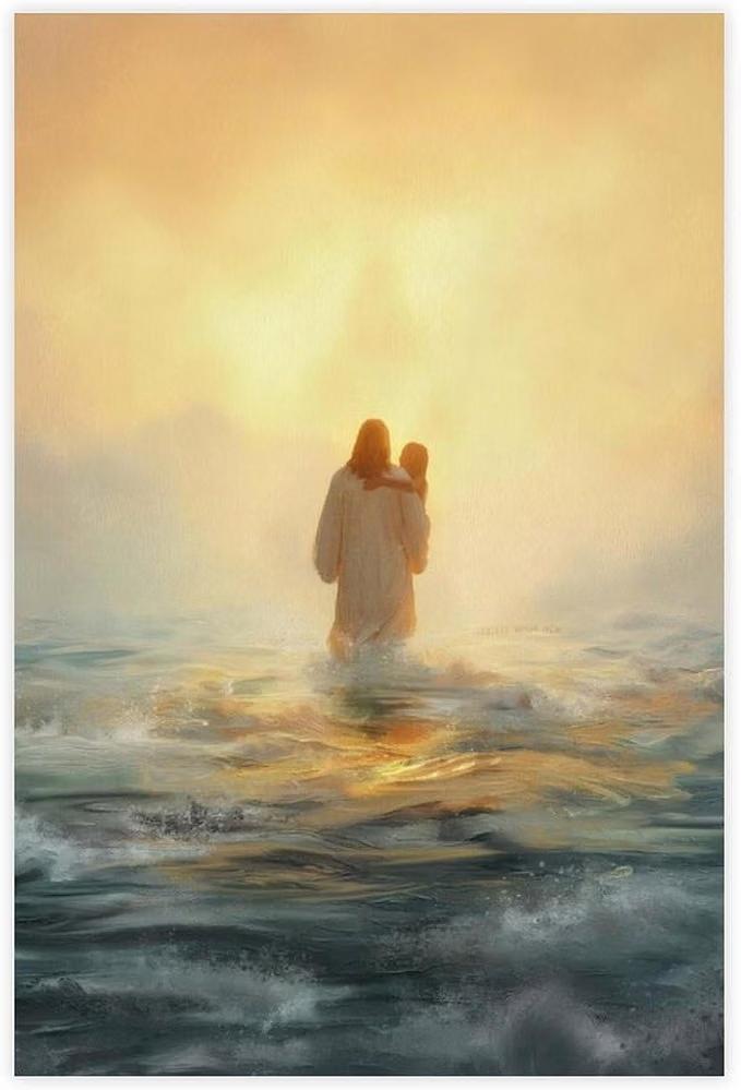 Jesus Carrying Little Girl Canvas Poster, Easter Christian Decor for Living Room Bedroom, Modern Christ Walking on Water Wall Art, Religious Gift, Unframed Nursery Decoration, 20x30 Inch