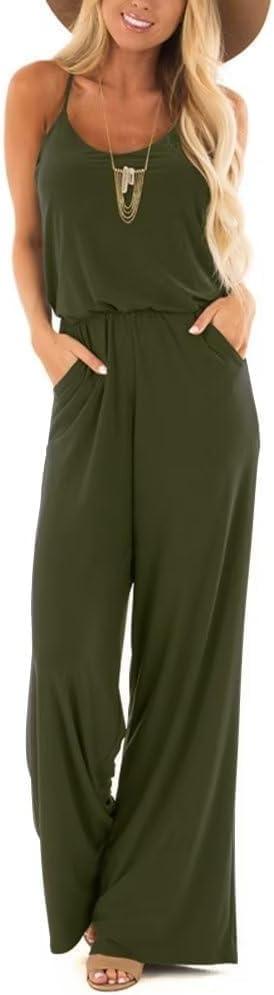 Lacozy Womens Casual Loose Sleeveless Spaghetti Strap Wide Leg Pants Jumpsuit Rompers (Green, M)