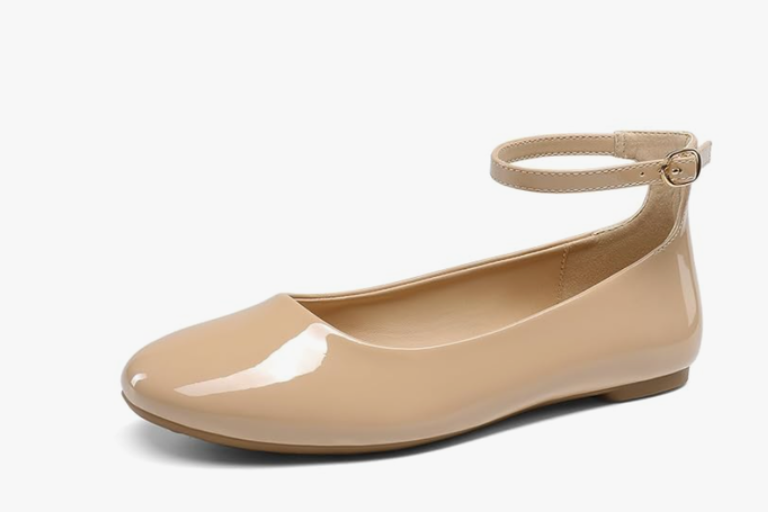 DREAM PAIRS Women's Dressy Ballet Flats Shoes Round Toe Comfortable Ankle Strap Patent Ballerina Flats Shoes Nude 7.5