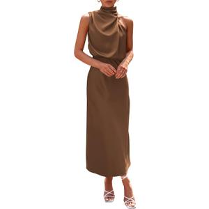 PRETTYGARDEN Women's 2026 Summer Satin Dress Elegant Sleeveless Mock Neck Cocktail Party Maxi Dresses (Brown, L)