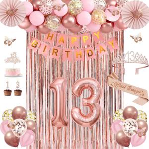 13th Birthday Decorations for Girls, Rose Gold 13 Birthday Girl Decorations with Official Teenager 13 Sash and Crown, Banner, Fringe Curtains, Hanging Paper Fans,13 Year Old Party Supplies Set