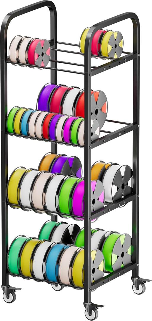 4-Tier 3D Printer Filament Storage Rack with Wheels, Rolling Spool Holder Stand Cart, Holds up to 481kg Spools, Heavy Duty Metal Filaments Organizer Shelf for Printing Studio Office Workshop (Black)